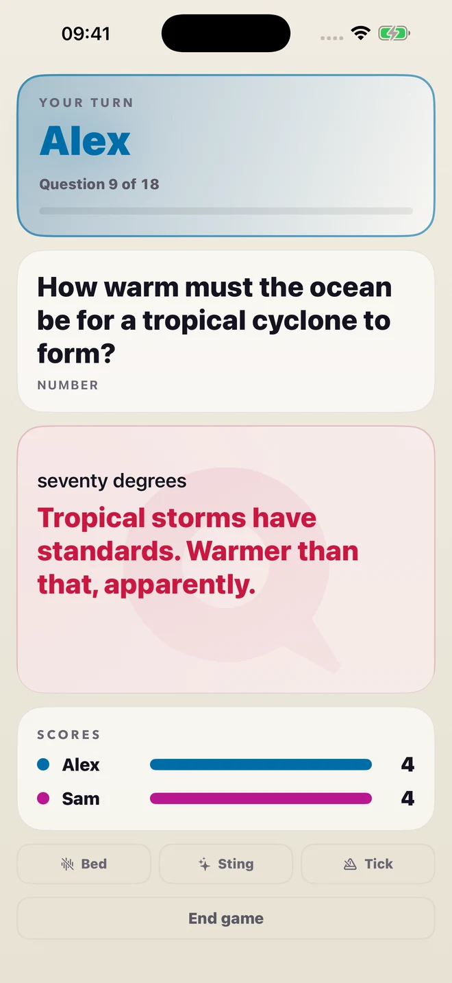Over to Alex: a tropical cyclone question. An incorrect answer gets a comeback and the score stays four all.