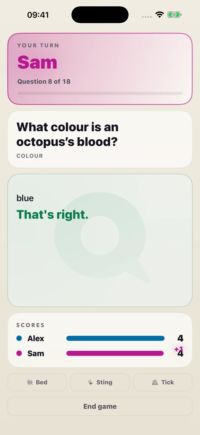 Sam answers blue correctly. Plus one point brings Sam level with Alex at four points each.