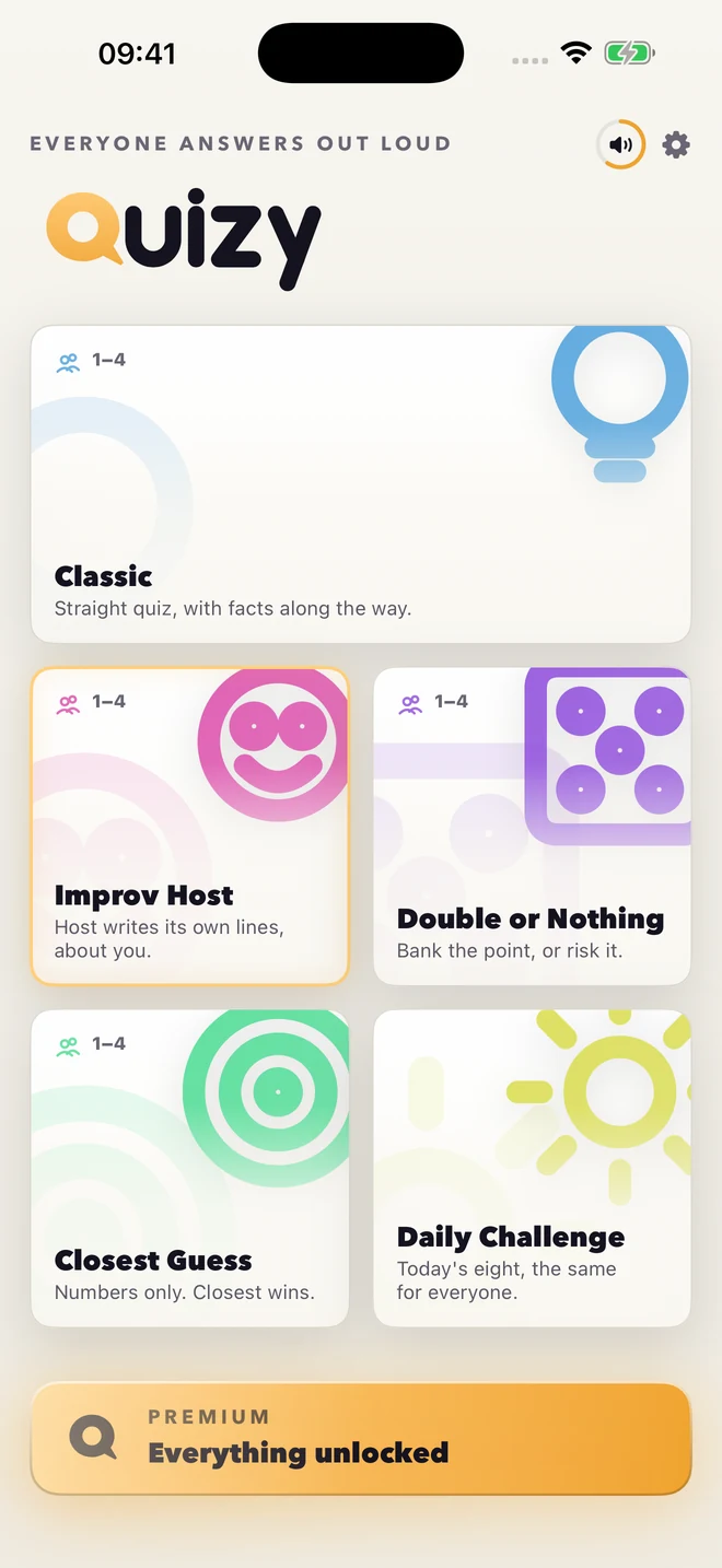 The complete Quizy main menu, showing all five game modes.